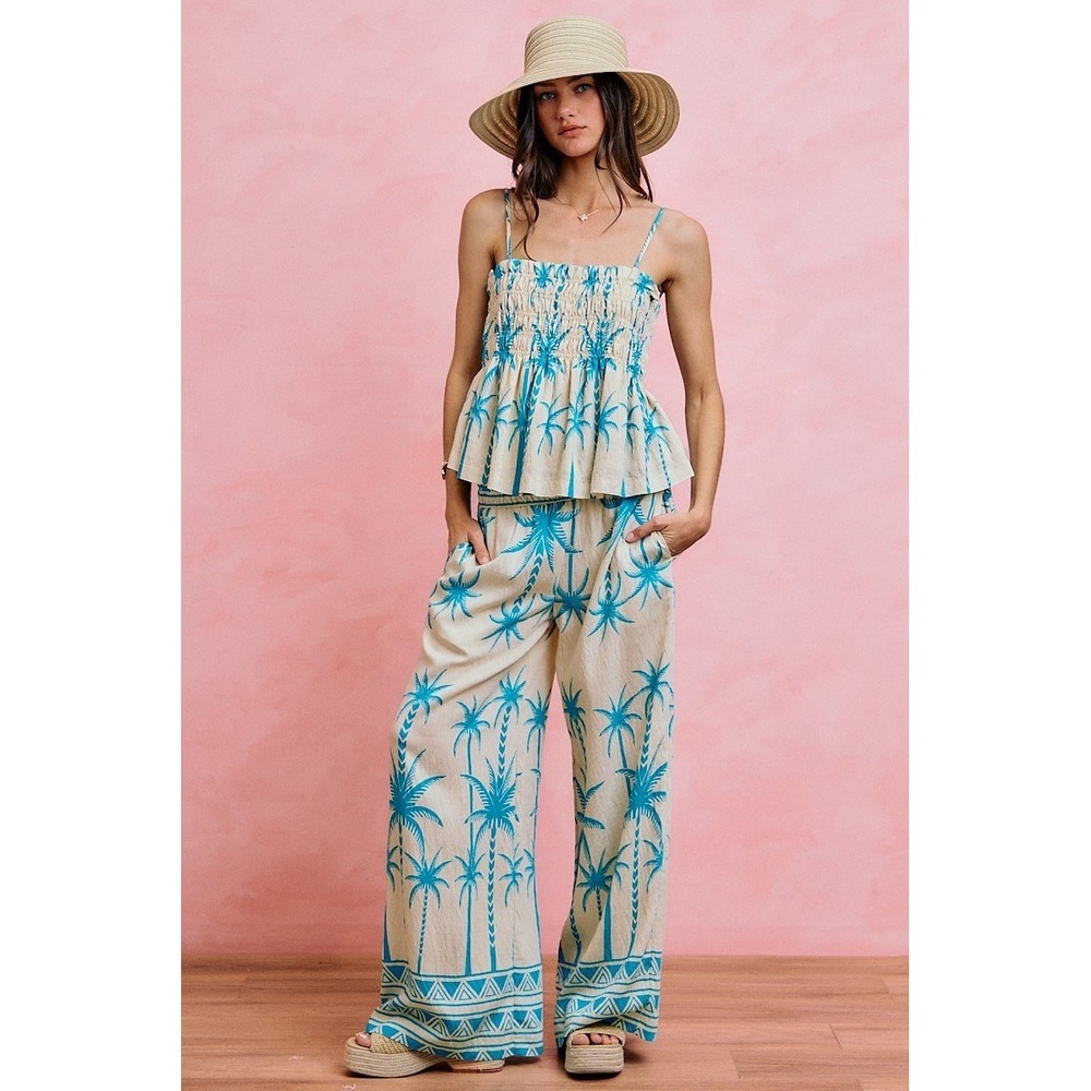 SO ME Palm Tree Smocked Bodice Adjustable Cami Top - Blue - Medium - Picture 6 of 16